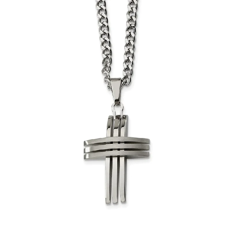 ladies-trendy-snake-chain-necklaces-Stainless Steel Three Bar Cross and Curb Chain Necklace - 24 Inch