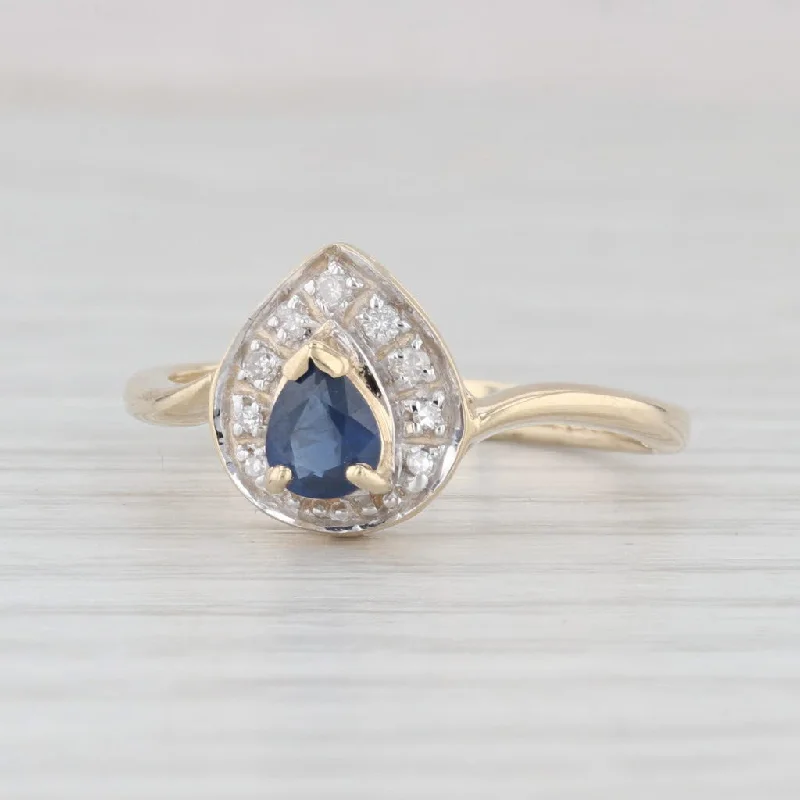 Ladies engagement rings for spa-day unions -0.47ctw Pear Blue Sapphire Diamond Halo Ring 9k Yellow Gold Engagement