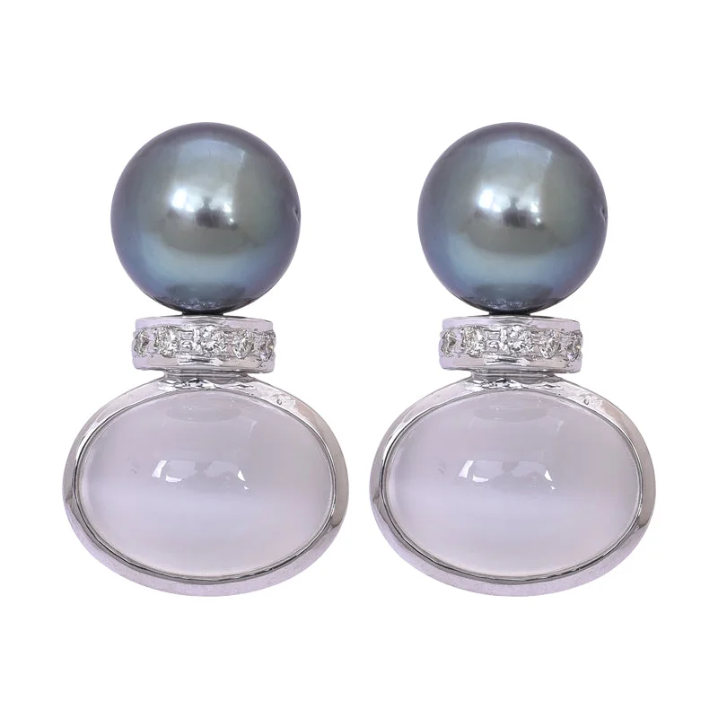 Ladies earrings with ridge charms -Earrings- Moonstone, South Sea Pearl and Diamond