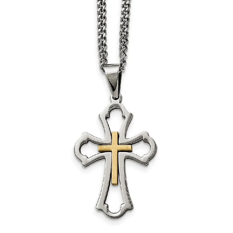 ladies-bridal-station-necklaces-Polished & Brushed Stainless Steel & Gold Tone Cross Necklace, 22 Inch