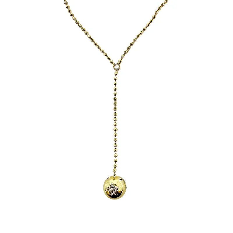 ladies-diamond-gold-necklaces-14K Gold Ball Chain Y Necklace with Diamond Embellished Ball Drop