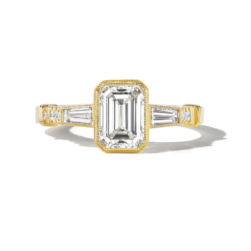 Ladies engagement rings for active vows -EMERALD CUT DIAMOND ENGAGEMENT RING WITH BAGUETTES AND MILGRAIN