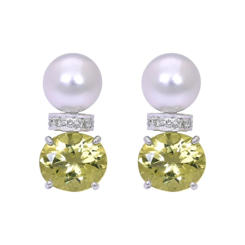 Ladies earrings with jet spinel -Earrings- Lemon Quartz, South Sea Pearl and Diamond