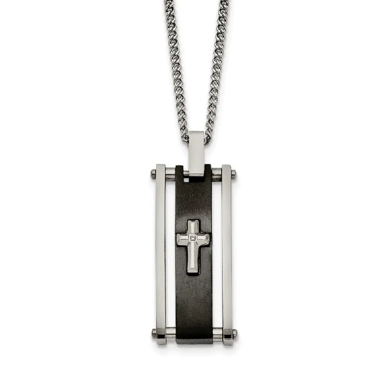 ladies-gemstone-station-necklaces-Stainless Steel & Black Plated CZ Cross Rectangle Necklace, 22 Inch