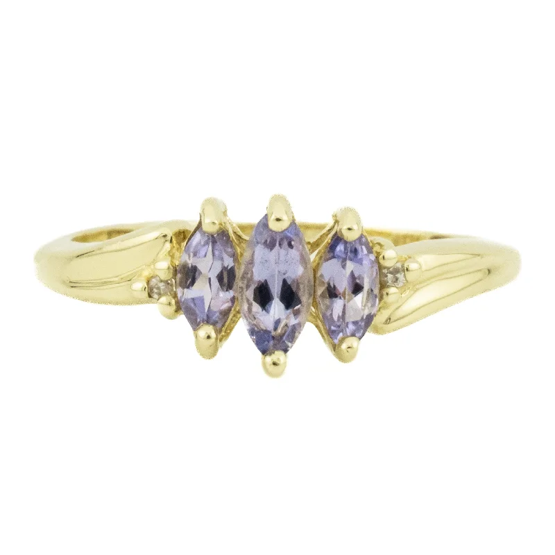 Ladies rings with leaf designs -Tanzanite Three Stone Ring in 10K Yellow Gold - Size 7.25