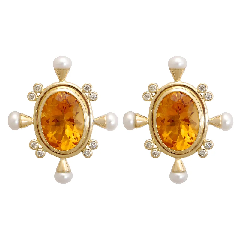 Ladies earrings for spring flair -Earrings - Citrine, Pearl And Diamond