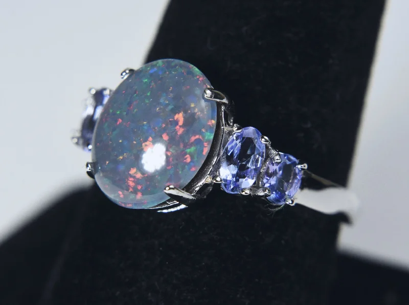 Ladies rings for expo vibes -Blue Opal Triplet and Tanzanite Sterling Silver Ring - Size 8.75