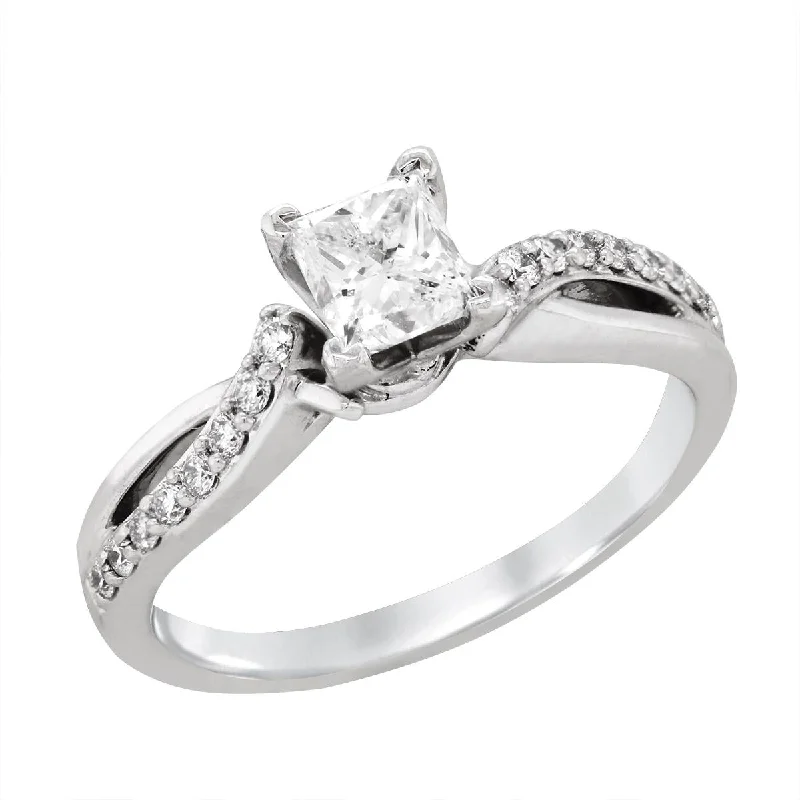 Ladies engagement rings with claw settings -WHITE GOLD ENGAGEMENT RING WITH PRINCESS CUT CENTER, 11/14 CT TW