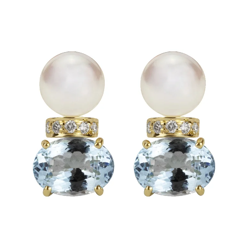 Ladies earrings edgy elegance -Earrings - South Sea Pearl, Aquamarine And Diamond