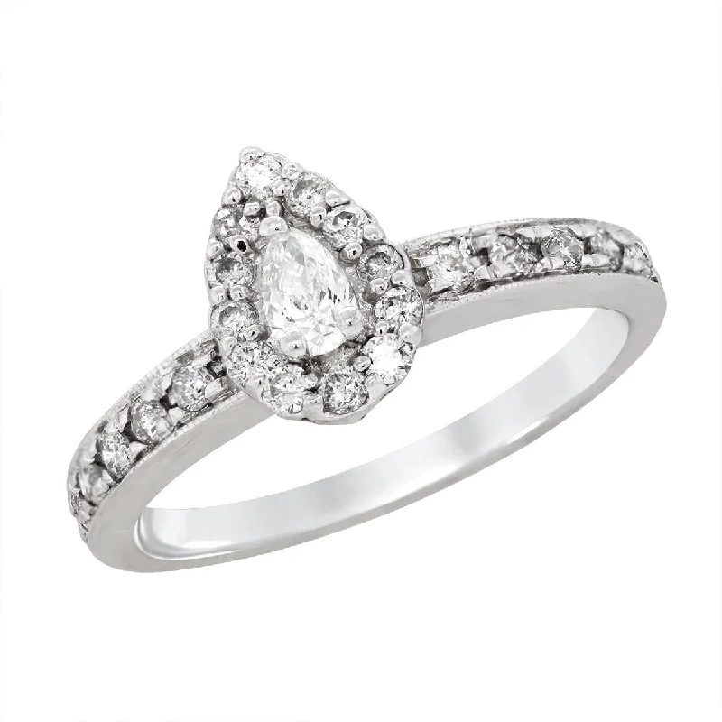 Ladies engagement rings radiant romance -WHITE GOLD ENGAGEMENT RING WITH PEAR SHAPED DIAMOND HALO, 1.00 CT TW