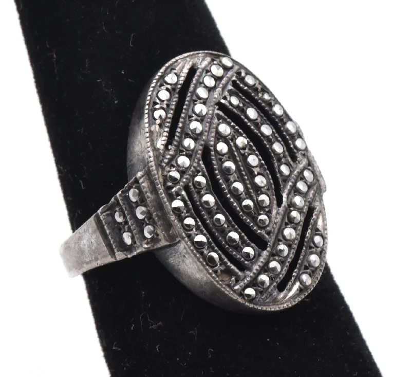 Ladies rings for brush charm -Vintage Sterling Silver Marcasite Art Deco Design Ring - SIze 5.5