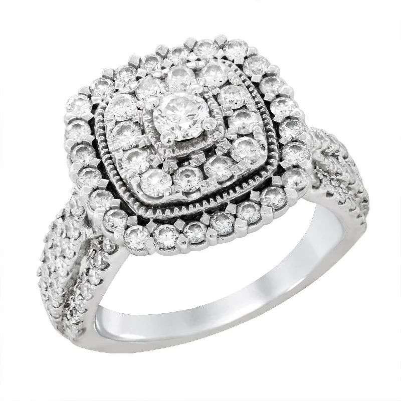 Ladies engagement rings quirky vows -WHITE GOLD ENGAGEMENT RING WITH DOUBLE DIAMOND HALO, 1 1/2 CT TW