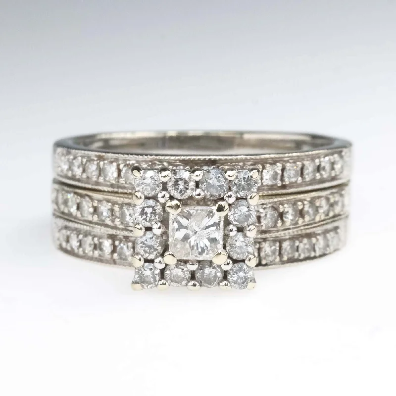 Ladies rings for brush charm -0.25ctw Princess Diamond Halo & Accented Bridal Ring Set in 14K White Gold