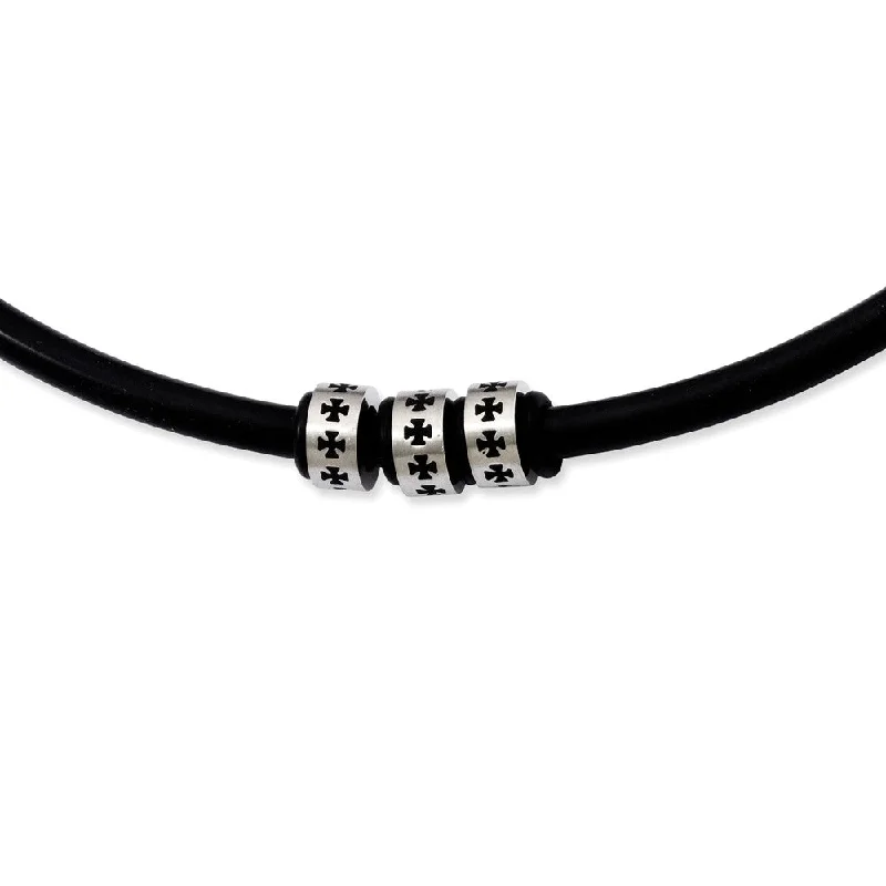 ladies-party-station-necklaces-Black Rubber Cord and Stainless Steel Cross Necklace - 19 Inch