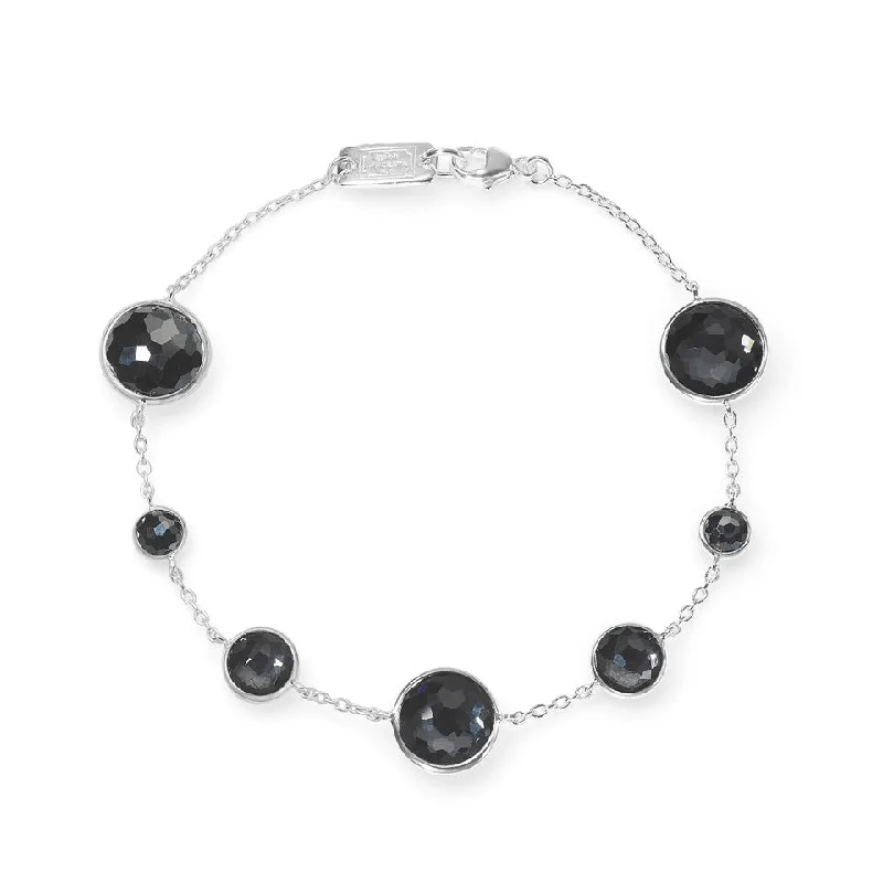 ladies-flower-link-chain-bracelets-Clear Quartz/Hematite Lollipop 7 Stone Link Bracelet