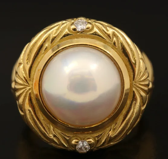 Ladies rings with ruby jasper -Estate Collection Ring 18K Gold & Diamond Mabe Pearl Ring