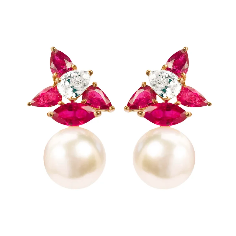 Ladies earrings with trove charms -Earrings - South Sea Pearl, Ruby and Crystal