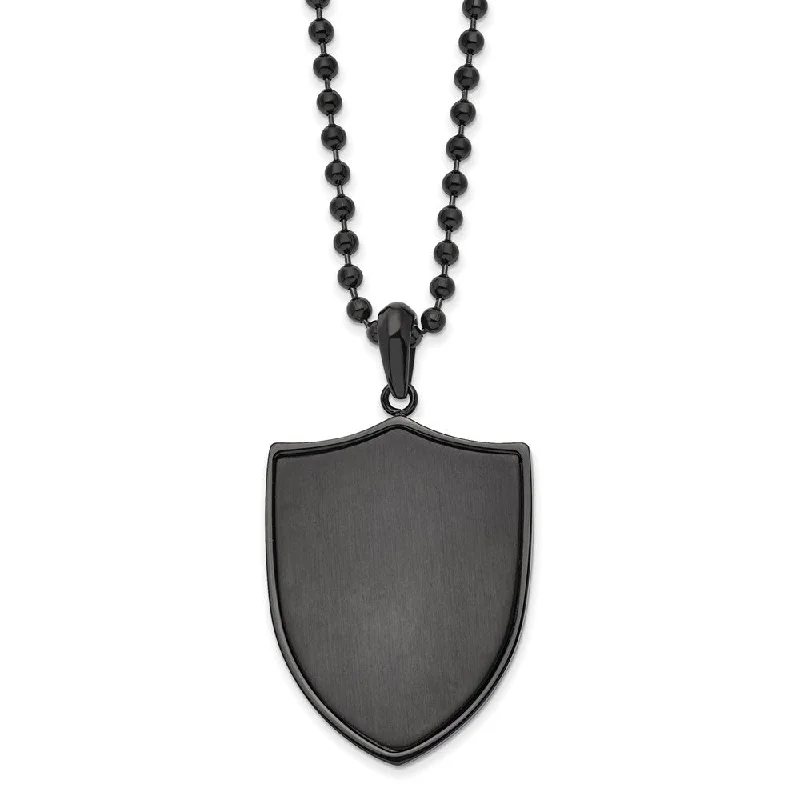 ladies-cross-pendant-necklaces-Black Plated Stainless Steel Brushed & Polished Shield Necklace, 22 In