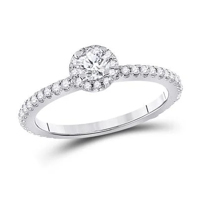 Ladies engagement rings with streak settings -14K WHITE GOLD ROUND DIAMOND HALO BRIDAL ENGAGEMENT RING 1/2 CTTW (CERTIFIED)