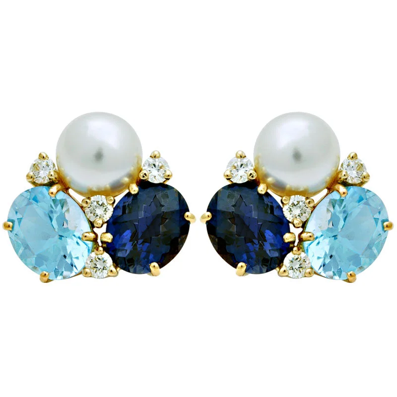 Ladies earrings with sapphire sparkle -Earrings-South Sea Pearl, Iolite, Blue Topaz and Diamond