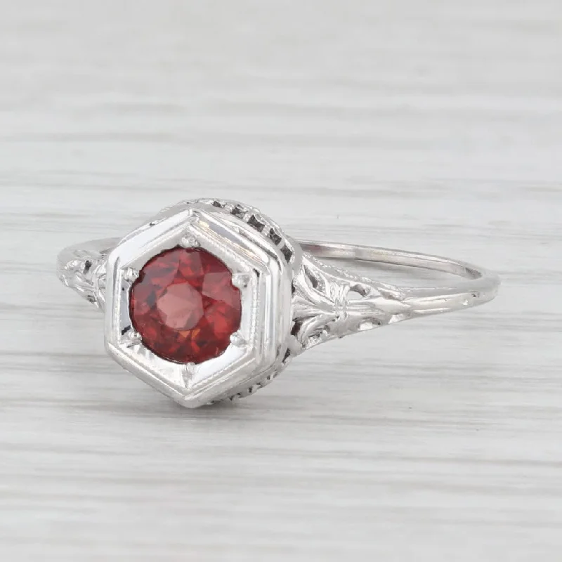 Ladies engagement rings bowed romance -Vintage Garnet Solitaire Filigree Ring 14k White Gold Size 6.25 Engagement