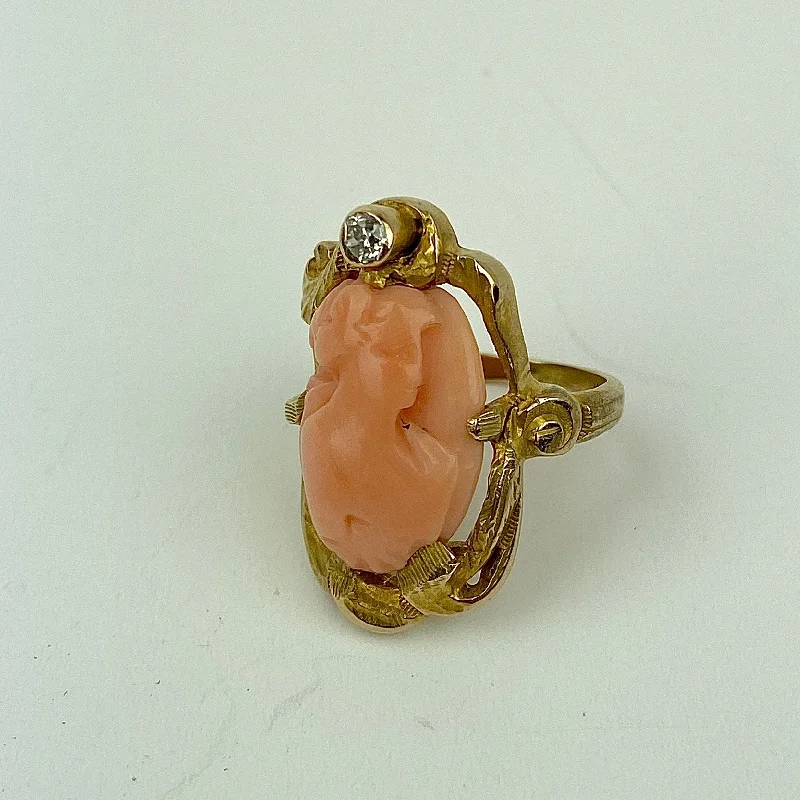 Ladies rings for getaway charm -Estate Collection Ring - Coral Cameo w/Diamond Set in 18K