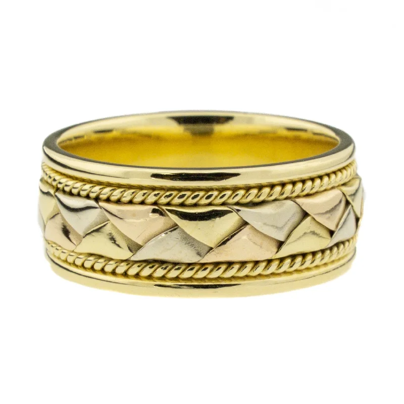 Ladies rings elastic bands -7.75mm Wide Gold Band Ring in 14K Tri-Tone Gold - Size 6.75