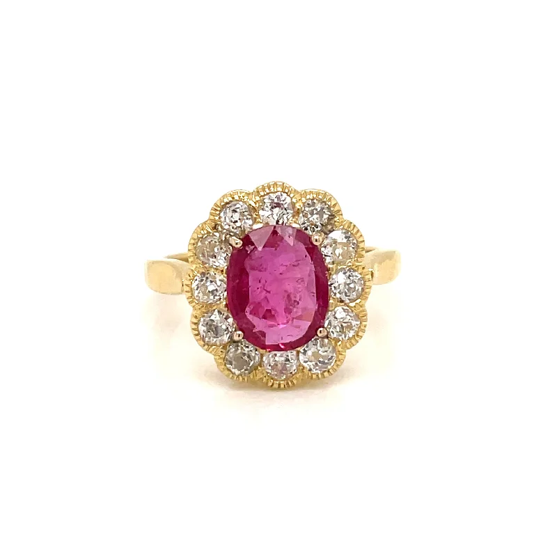 Ladies rings crafted elegance -1800 Ruby Diamond Gold Cluster Ring