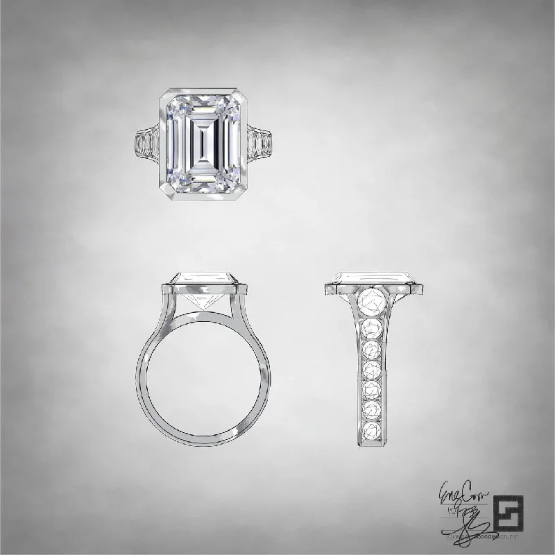 Ladies engagement rings for calm unions -BEZEL SET EMERALD CUT ENGAGEMENT RING WITH GRADUATED DIAMOND SHANK