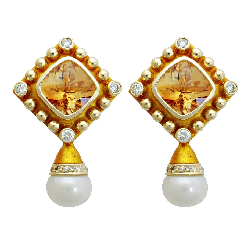 Ladies earrings featherlight drops -Earrings - Citrine, Pearl & Diamond (enamel)