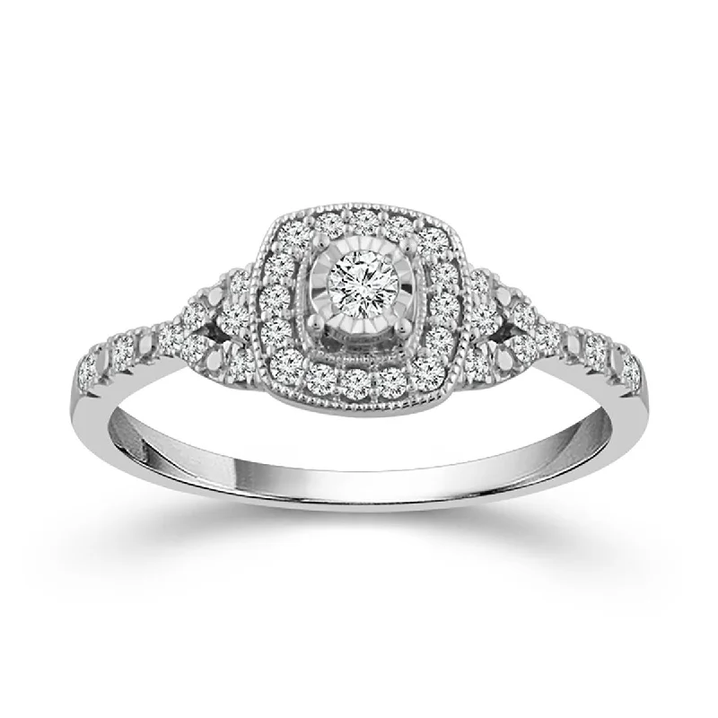 Ladies engagement rings retro love -WHITE GOLD ENGAGEMENT RING WITH MIRACLE PLATE SETTING AND DIAMOND HALO, 1/4 CT TW