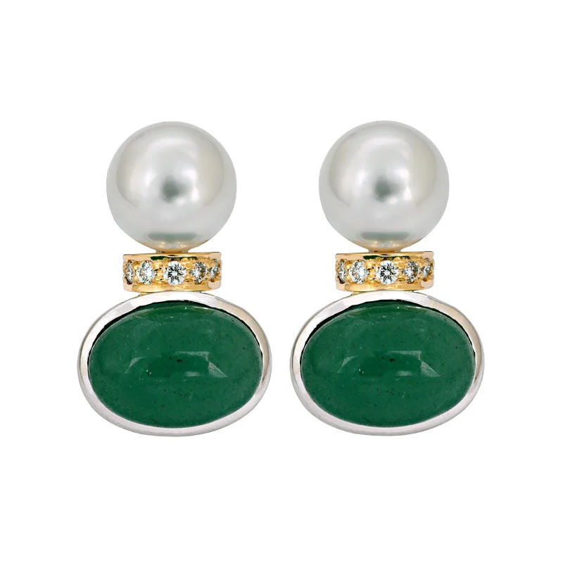 Ladies earrings with pearl clusters -Earrings- Aventurine, South Sea Pearl and Diamond