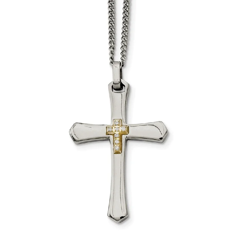 ladies-gift-pendant-necklaces-Stainless Steel, 14k Gold Plated & Diamond Cross Necklace - 22 Inch