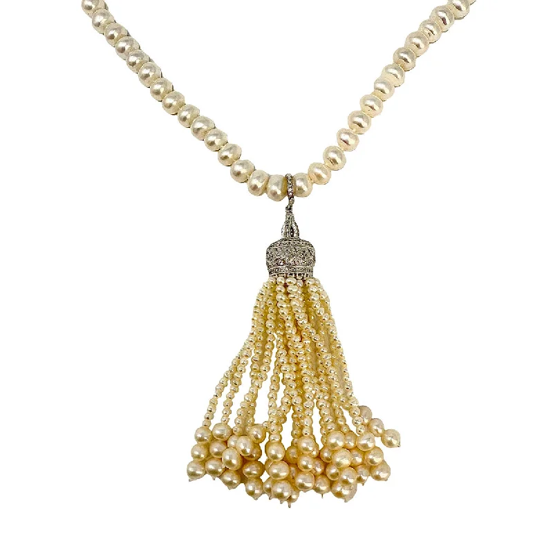 ladies-torque-silver-necklaces-Freshwater Pearl Tassel Necklace