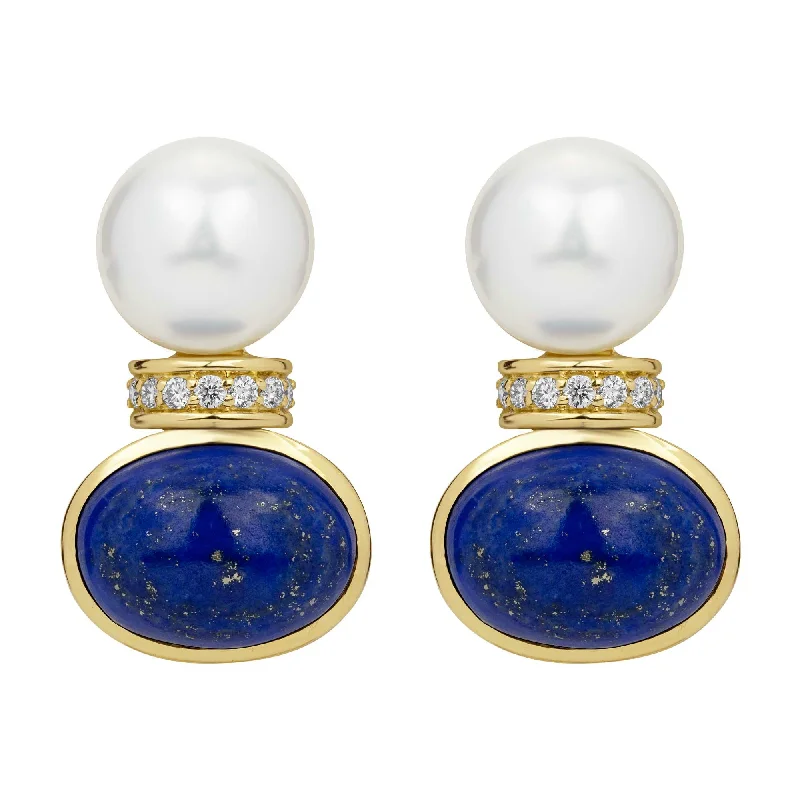 Ladies earrings with amber citrine -Earrings - South Sea Pearl, Lapis Lazuli And Diamond