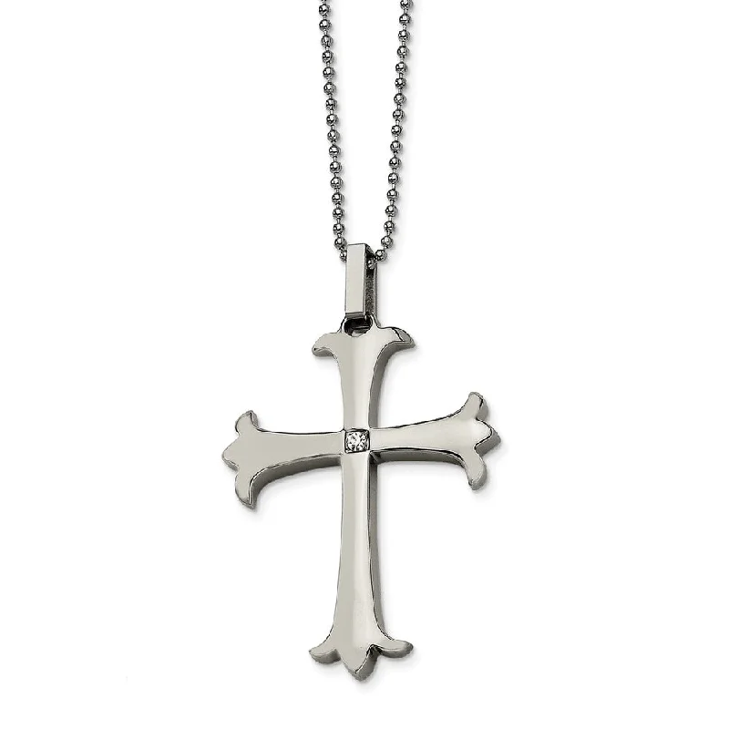 ladies-pearl-gold-necklaces-Stainless Steel Polished Fleur-de-lis Cross Necklace with CZ - 22 Inch