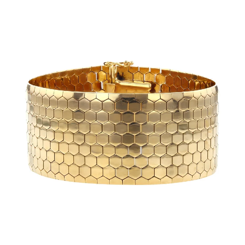 ladies-rope-twist-diamond-bracelets-Mid-Century 1-Inch Wide 18K Gold Brick Mesh Bracelet