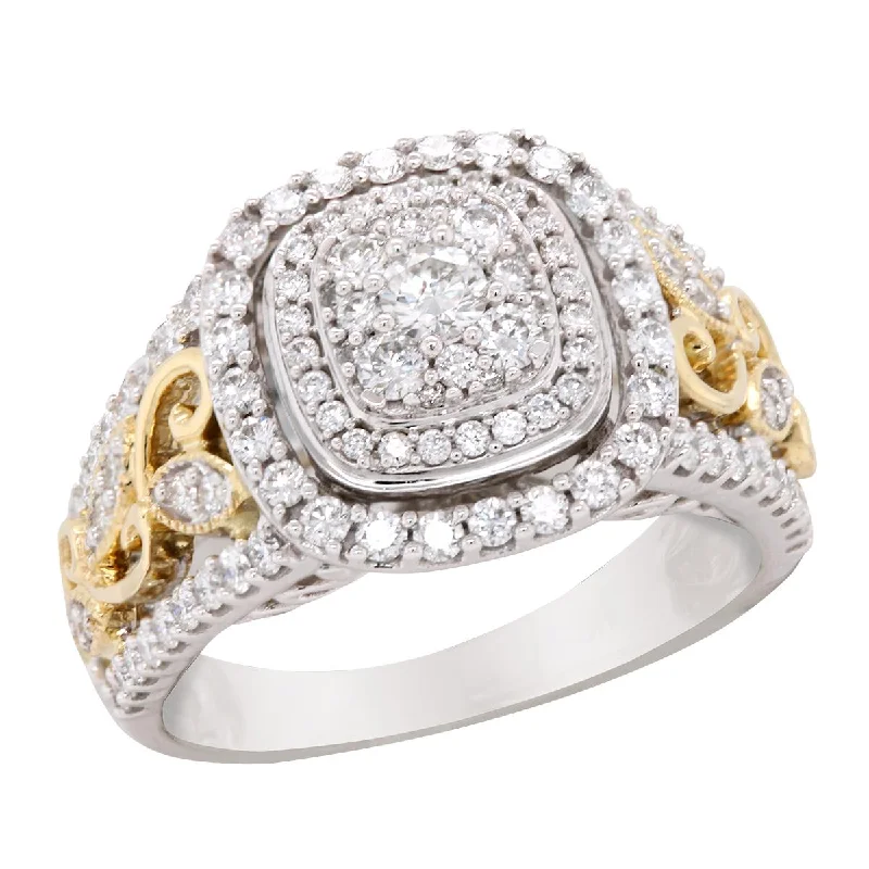 Ladies engagement rings for startup love -TWO-TONE GOLD ENGAGEMENT RING WITH CENTER CLUSTER SETTING, 1.00 CT TW