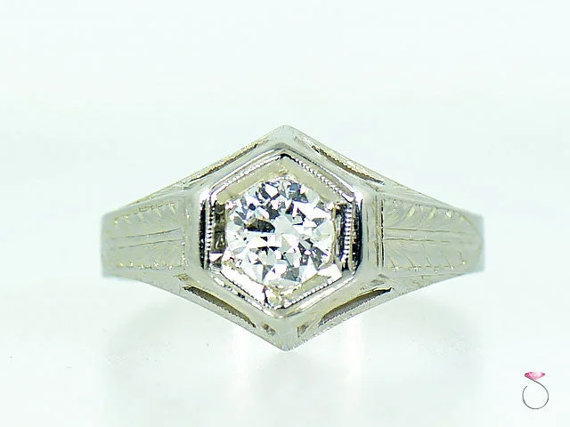 Ladies engagement rings for vocal unions -Vintage Art Deco Solitaire Diamond Engagement Ring