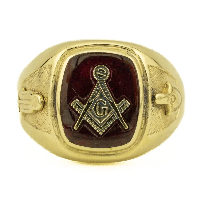 Ladies rings for innovator charm -Synthetic Ruby Masonic Gold Ring in 10K Yellow Gold - Size 10