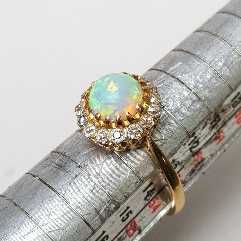 Ladies rings for bridal glow -Superb 18k Gold Diamond And Opal Cabochon Daisy Cluster Ring Size U.K N 1/2 Vintage Art Deco circa 1920's