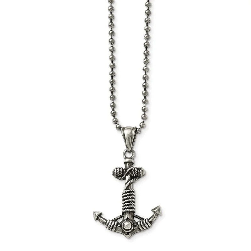 ladies-fashion-cable-chain-necklaces-Antiqued Anchor Necklace in Stainless Steel, 24 Inch