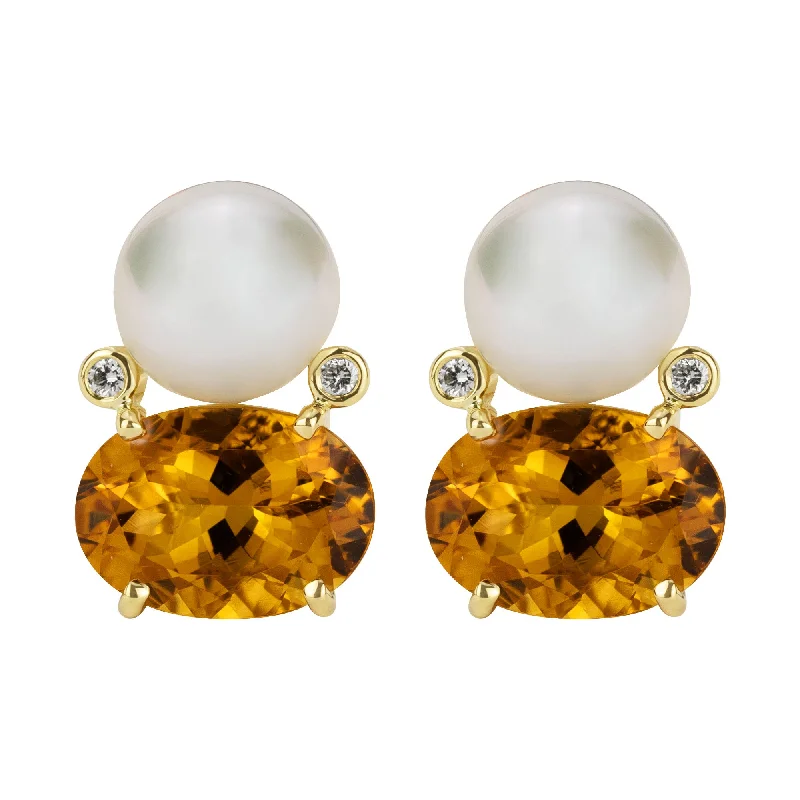 Ladies earrings with scale charms -Earrings - South Sea Pearl, Citrine And Diamond