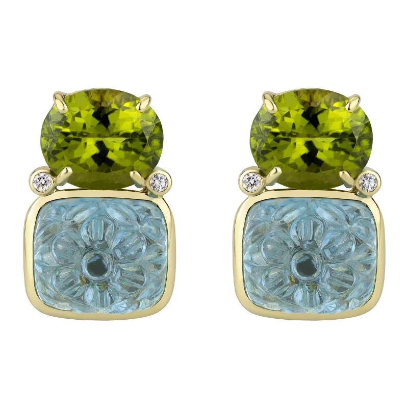 Ladies earrings with lime sapphire -Earrings - Peridot, Blue Topaz And Diamond