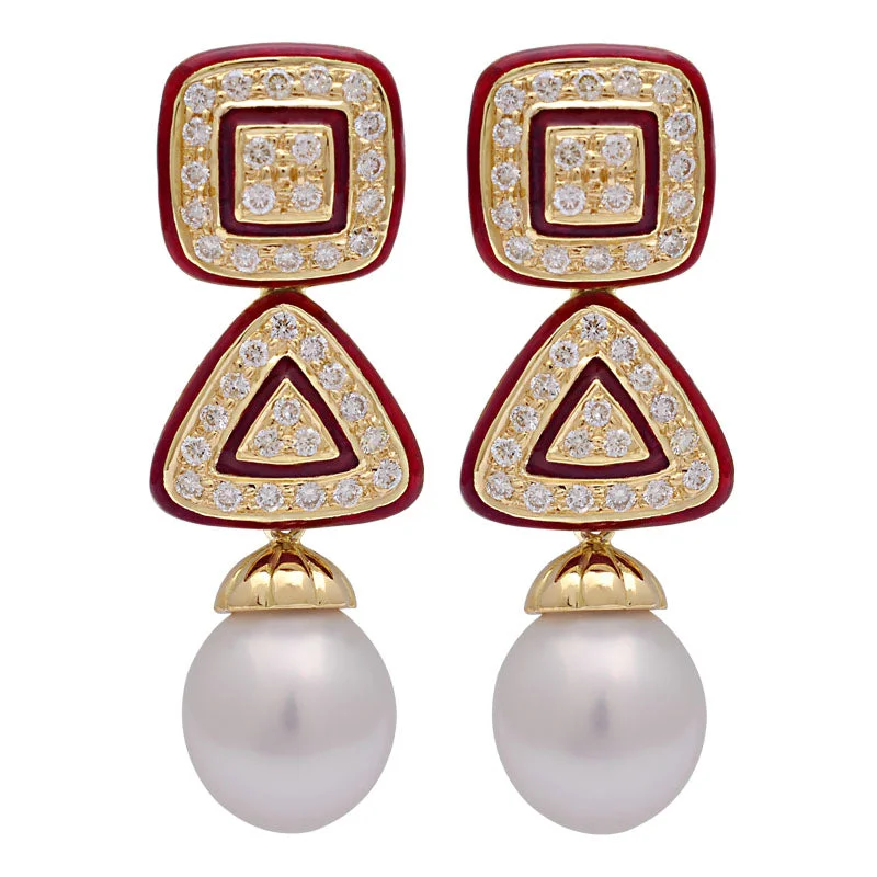 Ladies earrings for fresh starts -Earrings-South Sea Pearl and Diamond (Enamel)