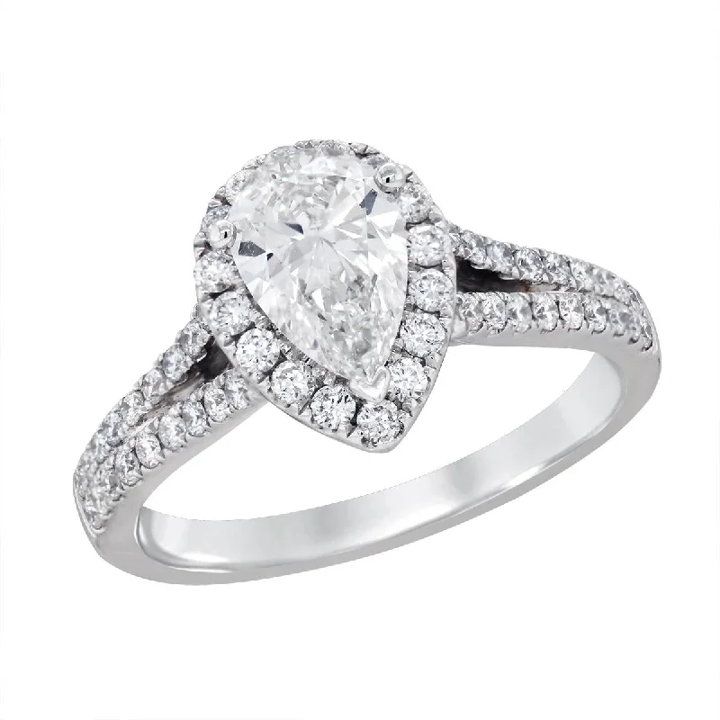 Ladies engagement rings smooth romance -WHITE GOLD LAB GROWN PEAR SHAPED DIAMOND ENGAGEMENT RING WITH HALO, 1.40 CT TW