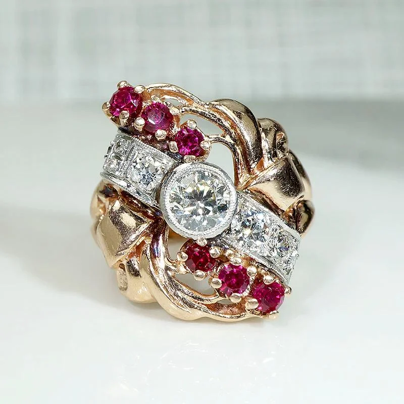 Ladies rings cool elegance -Exuberant Retro Statement Ring with Diamonds & Rubies