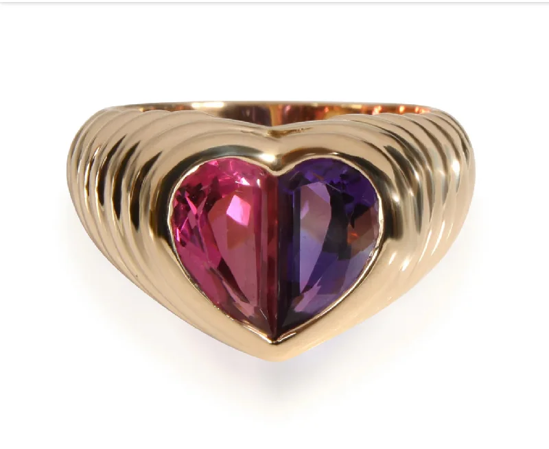 Ladies rings for summit vibes -Bulgari Baccellato Pink Tourmaline & Amethyst Heart Gold Ring