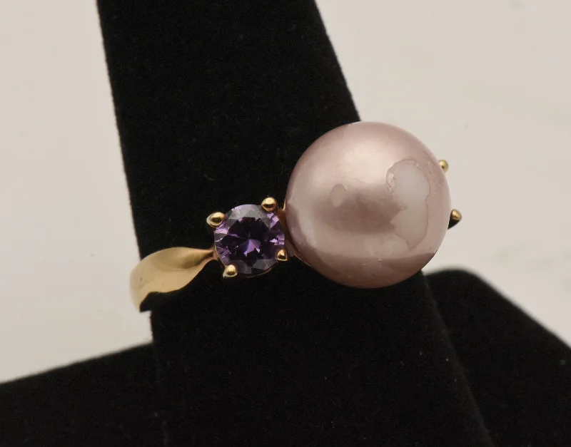 Ladies rings with leaf designs -Vintage Vermeil Faux Pearl and Purple Rhinestone Ring - Size 9