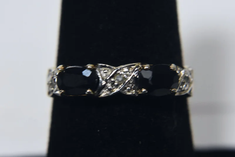 Ladies rings with blaze designs -Vintage Blue Sapphire and Diamonds Sterling Silver Gold Tone Ring - Size 7